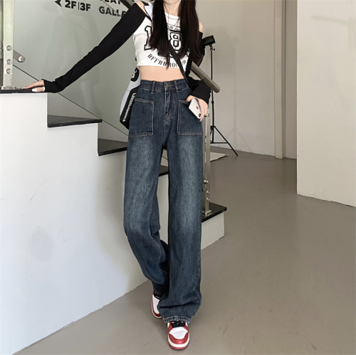 Real shot wide-leg jeans women's spring  new women's clothing small straight loose high mopping pants