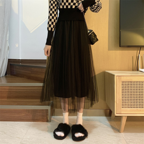 Real shot unabated spring and summer new gauze skirt women's mid-length mesh pleated long skirt small skirt trendy