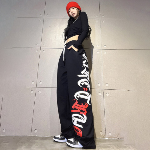 Black red and white floral trousers for women hip hop loose sports fashion dance jazz hiphop street dance ins dance pants