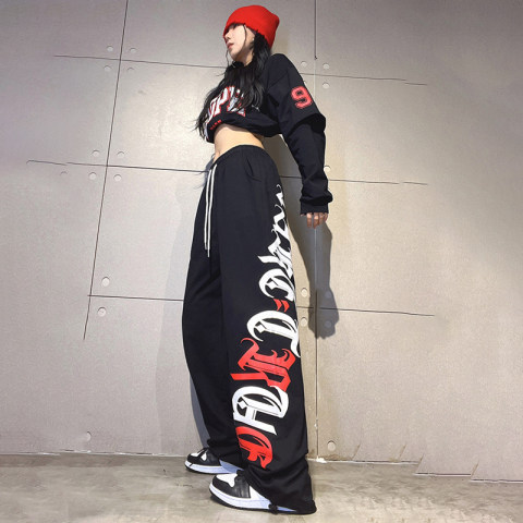 Black red and white floral trousers for women hip hop loose sports fashion dance jazz hiphop street dance ins dance pants