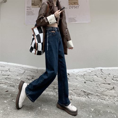 Real shot high waist wide leg pants retro jeans women autumn and winter small straight pants loose pants spring and autumn