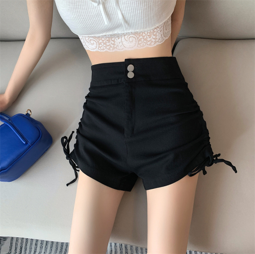 Real shot real price all-match shorts women's outerwear fashion design drawstring straps pleats slim casual boot pants