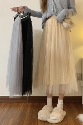 Real shot unabated spring and summer new gauze skirt women's mid-length mesh pleated long skirt small skirt trendy