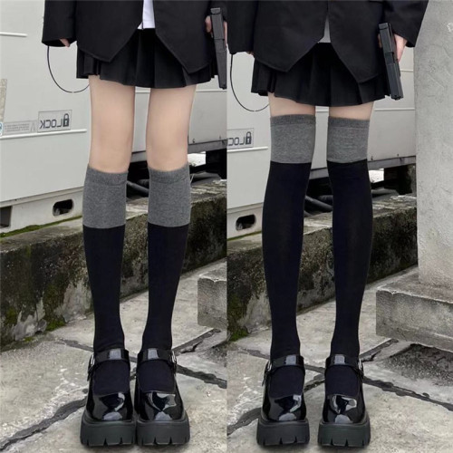 No price reduction color matching socks mid-tube black gray stitching long tube over-the-knee thigh socks black calf socks
