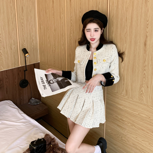 Real shot small fragrance style single-breasted thickened quilted tweed coat pleated skirt two-piece suit