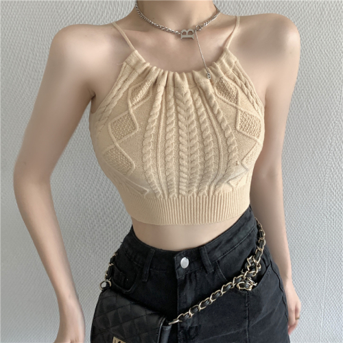 Sling design sense small crowd wear sexy hollow hanging neck knitted tie vest high waist navel exposed short top women