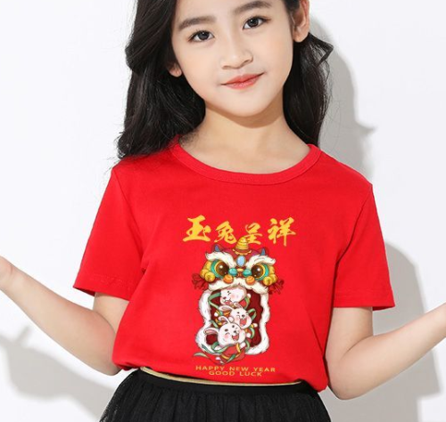 Children's red short-sleeved T-shirts for big boys and girls in the year of the rabbit in the year of the rabbit