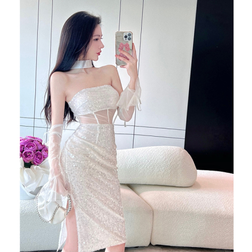 Real shot spot new women's small sexy mesh embroidery sequins slim fit package hip party dress dress