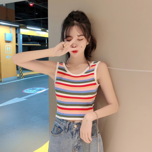 Summer new Hong Kong flavor rainbow striped outerwear small vest female retro short section navel sleeveless top