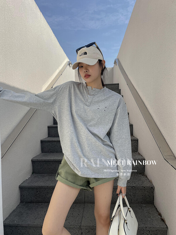 【RAINBOW】馬吉拉長袖T長袖T恤開衩領口01017