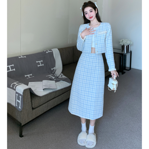 Real shot spring celebrity Xiaoxiang style short long suit woolen jacket + high waist skirt