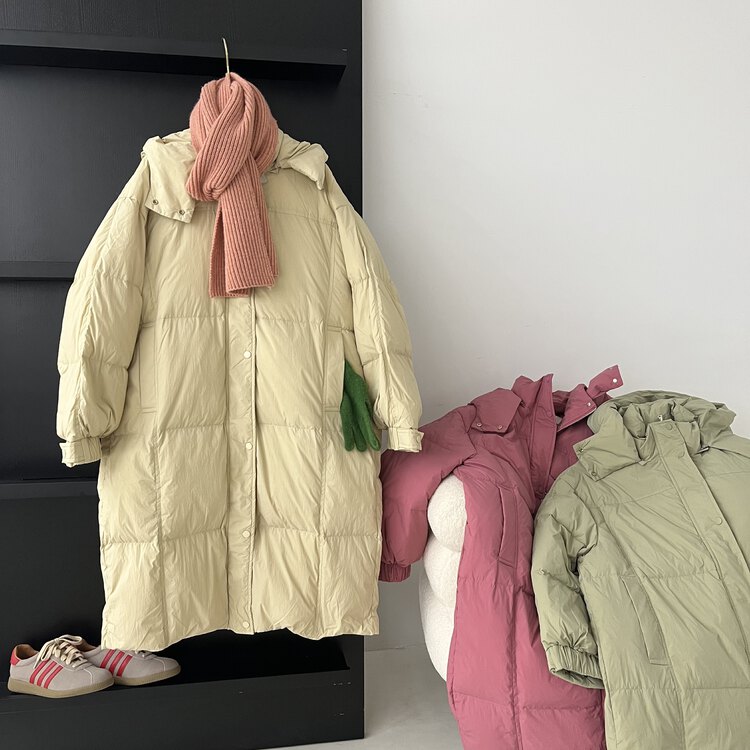 【FROM ANNA/TABLE BLUE】長款立領純色保暖棉服外套(配可拆卸帽子)(含90%白鴨絨)  008962#  LSW