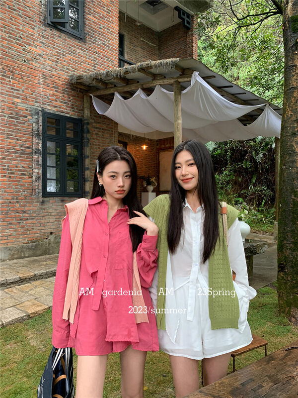 2023早春新款!【AM GARDENIA】韓系百搭長袖襯衫+顯瘦休閒短褲套裝(配披肩)  5525#  ZXX