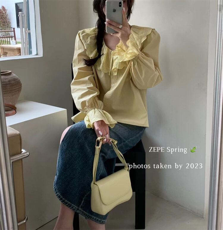 New in early spring of 2023! [ZE] Ruffle collar fashion versatile single breasted shirt 1362 # L