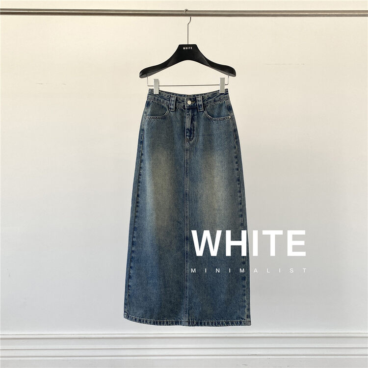 2023早春新款!【WHITE】復古百搭牛仔中長半身裙  K88901#  LFY