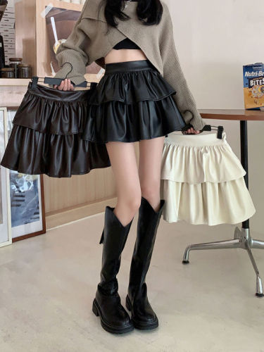 PU leather skirt female hot girl style autumn and winter Korean version  new high waist slim fluffy skirt skirt cake skirt