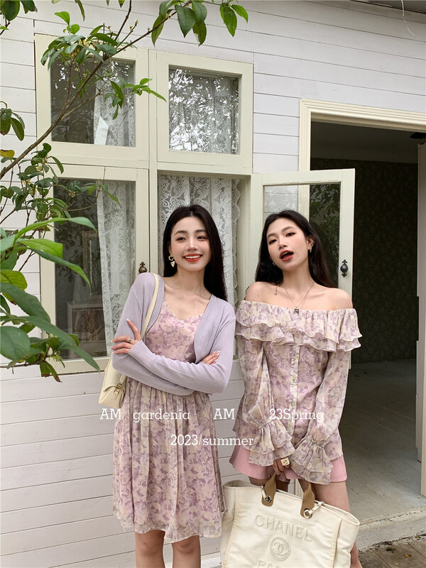 2023 early spring new! 【AM GARDENIA】gentle style short knit cardigan + floral suspender dress suit 5520# ZXX
