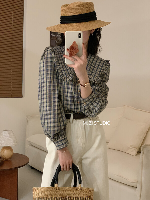 【M.ZI STUDIO】復古格子娃娃領襯衫  15229#  HBX