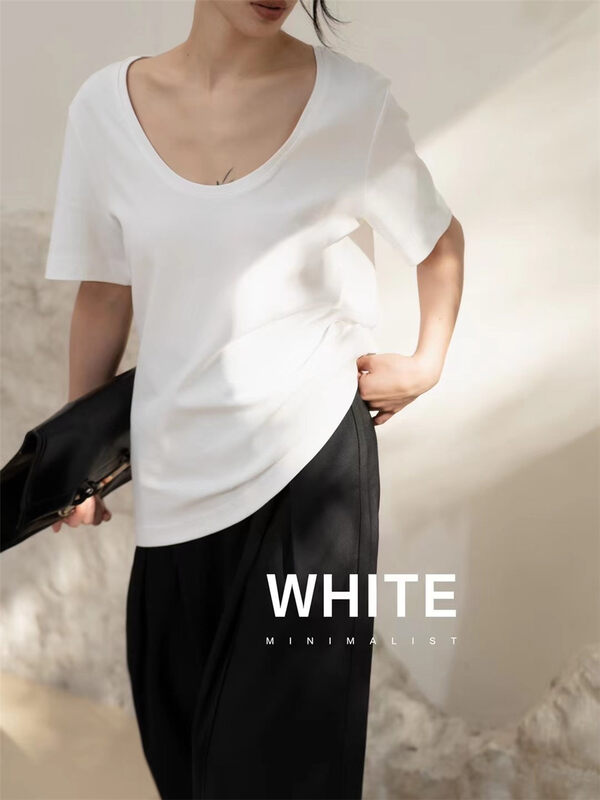 [WHITE] Solid color basic all-match round neck short-sleeved T-shirt B77182# LFY