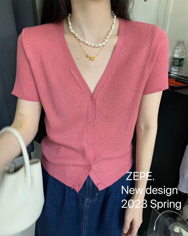 2023早春新款!【ZE】V領單排扣純色針織開衫  86035#  L