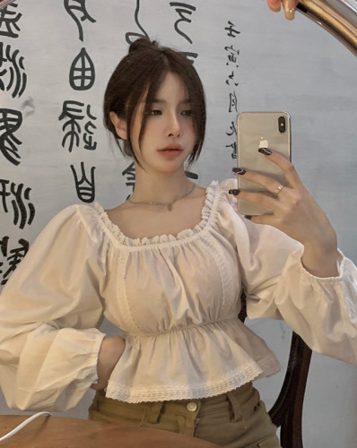 Real shot real price 2023 spring new long-sleeved Korean version short lace edge square collar puff sleeve niche top women