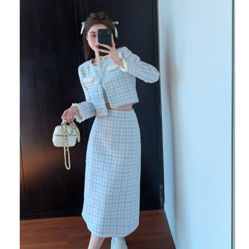Real shot spring celebrity Xiaoxiang style short long suit woolen jacket + high waist skirt