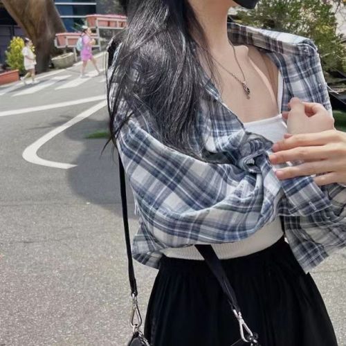 Korean chic retro plaid lapel short shirt