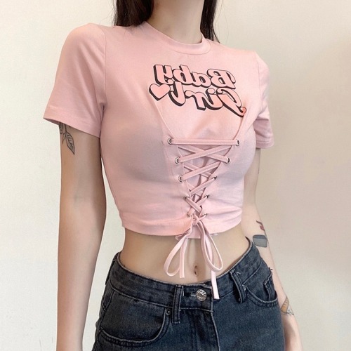 65% cotton sweet cool letter printing short-sleeved t-shirt slim fit short round neck top navel summer