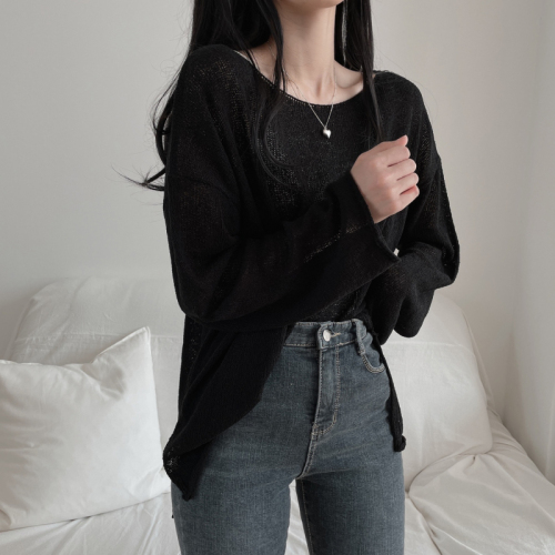 Real price Korean version of solid color casual front and rear two-wear long-sleeved thin section pullover hem slit knit sweater sweater