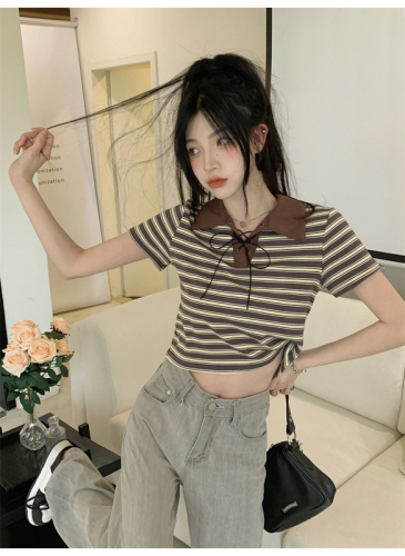 Official picture 6535 pull frame cotton original quality retro contrast color striped short-sleeved T-shirt female summer