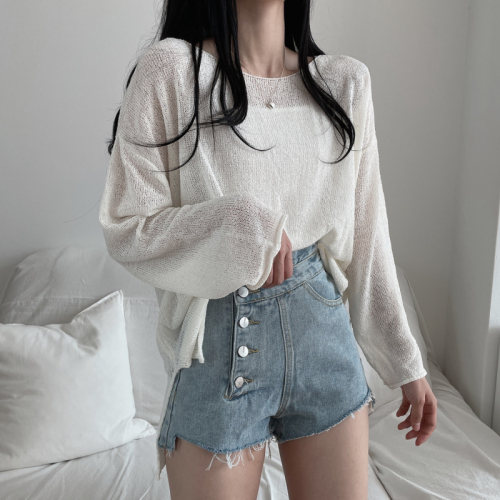 Real price Korean version of solid color casual front and rear two-wear long-sleeved thin section pullover hem slit knit sweater sweater