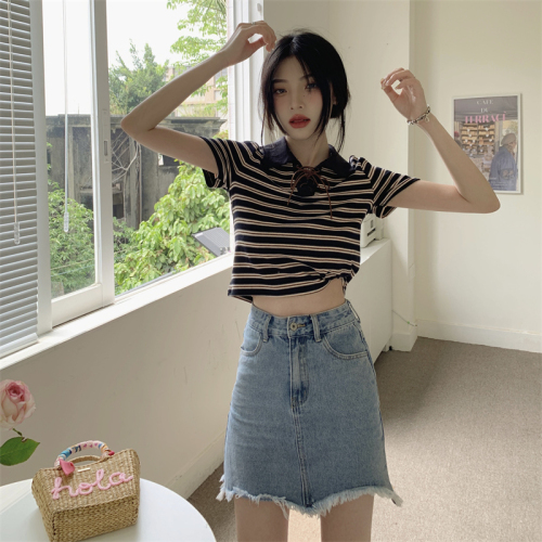 Official picture 6535 pull frame cotton original quality retro contrast color striped short-sleeved T-shirt female summer