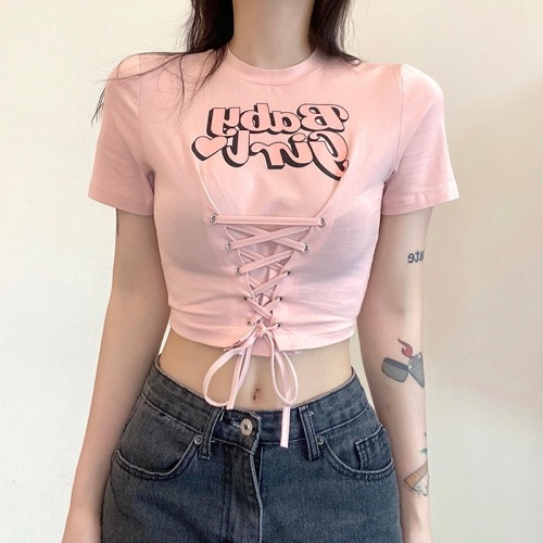 65% cotton sweet cool letter printing short-sleeved t-shirt slim fit short round neck top navel summer