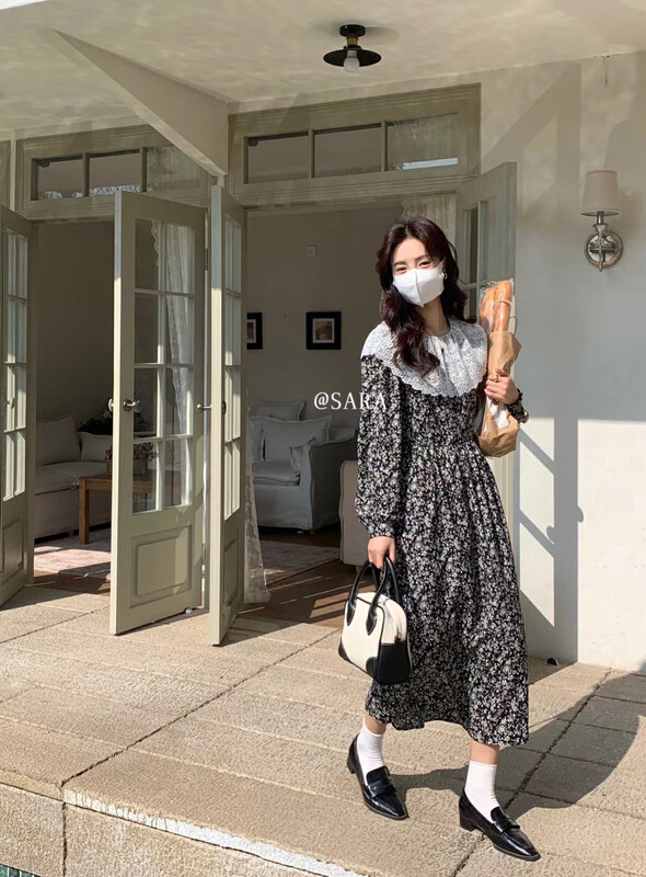 【SARA】French retro lace collar stitching floral dress 90289# ZXX