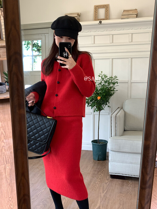 【SARA】法式撞色設計毛衣鬆緊腰半身長裙套裝兩件套28823