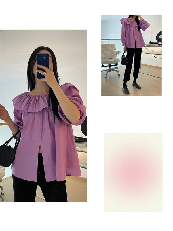 2023 early spring new! 【CLEAN SPACE】Loose shirt with lotus leaf collar design 35816# CLS