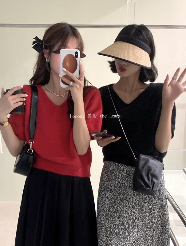 【檸檬綠茶】時尚純色V領寬鬆短袖小衫  00-313#  FHX