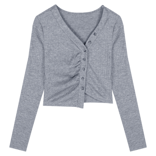 Gray v-neck long-sleeved slim cardigan for women in early spring hot girl irregular design niche slim short top