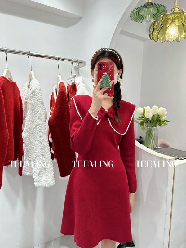 【TEEM ING】韓系蝴蝶結大領顯瘦連衣裙  22T792#  HJY