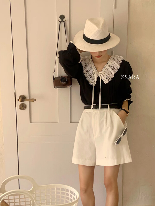 【SARA】小清新水溶花V領拼接設計小衫18091