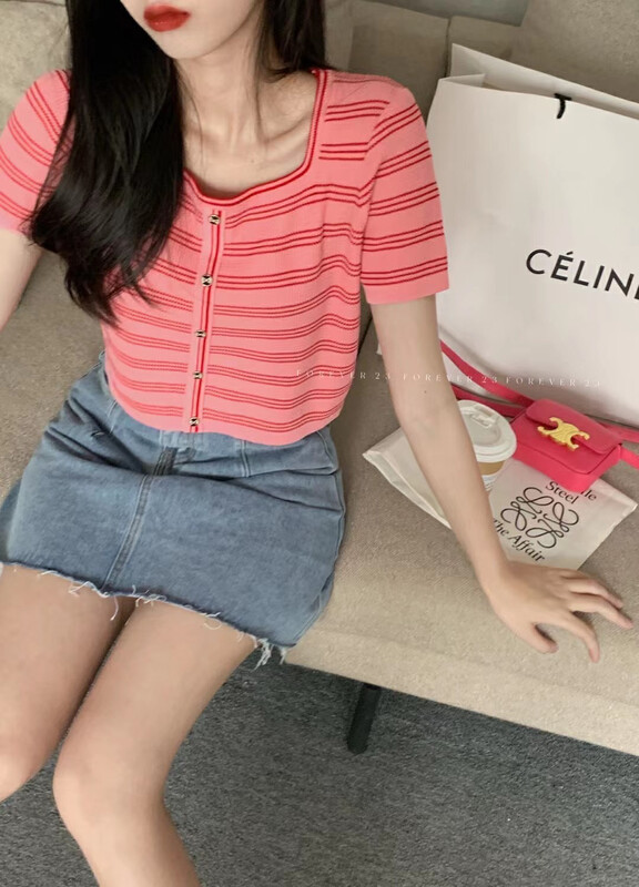【FEI MAO】Korean style sweet and cool temperament striped all-match short-sleeved knitted cardigan C-08# LSL