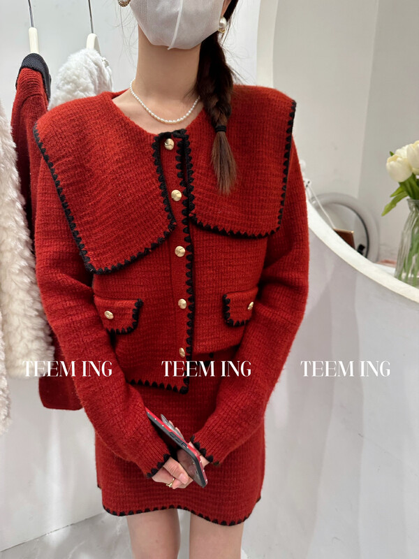 【TEEM ING】 韓系大領毛衣外套+高腰修身半身裙套裝  22T927#  HJY