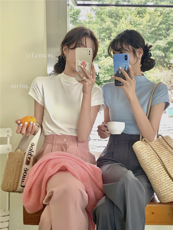 [Lemon Green Tea] Retro stand-up collar slim fit short-sleeved T-shirt 3037# FHX