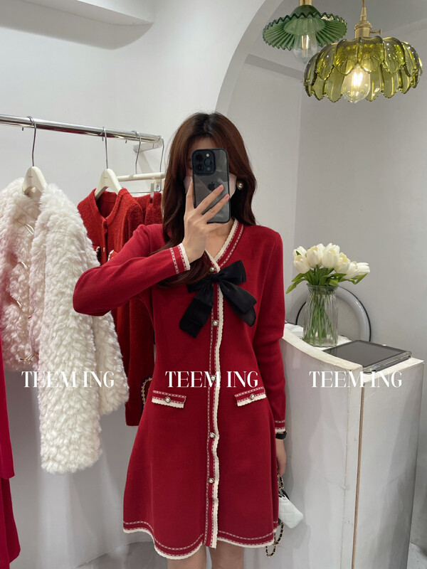 【TEEM ING】韓系氛圍感撞色蝴蝶結連衣裙(配蝴蝶結別針)  22T791#  HJY