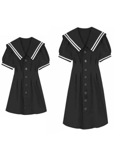 Retro Puff Sleeve Little Black Dress Large Size Navy Collar Dress Fat mm Waist Slim A-line Skirt M-4XL200 catties