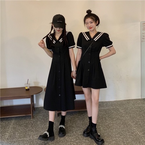 Retro Puff Sleeve Little Black Dress Large Size Navy Collar Dress Fat mm Waist Slim A-line Skirt M-4XL200 catties