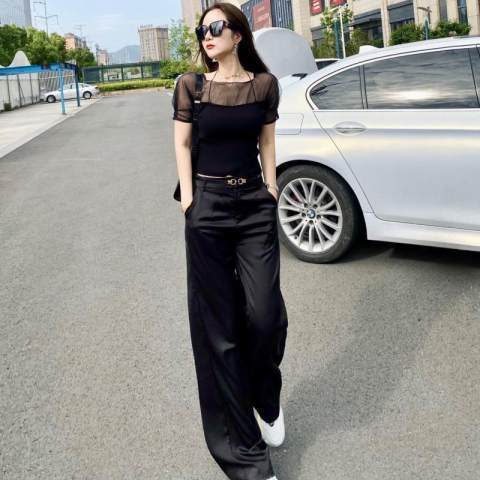 Draping acetate wide-leg pants summer high-waisted trousers with belt all-match satin loose and slim pants for women