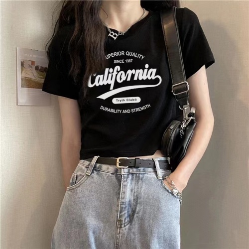 Cotton short-sleeved ultra-short exposed navel shirt female Korean style loose student top