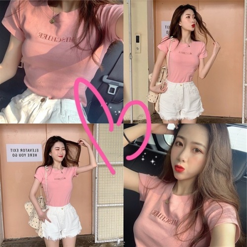 Summer new Korean version of the letter embroidery slim short-sleeved T-shirt female student top