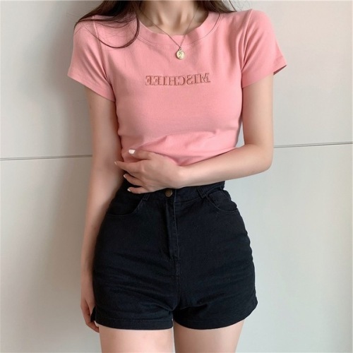 Summer new Korean version of the letter embroidery slim short-sleeved T-shirt female student top